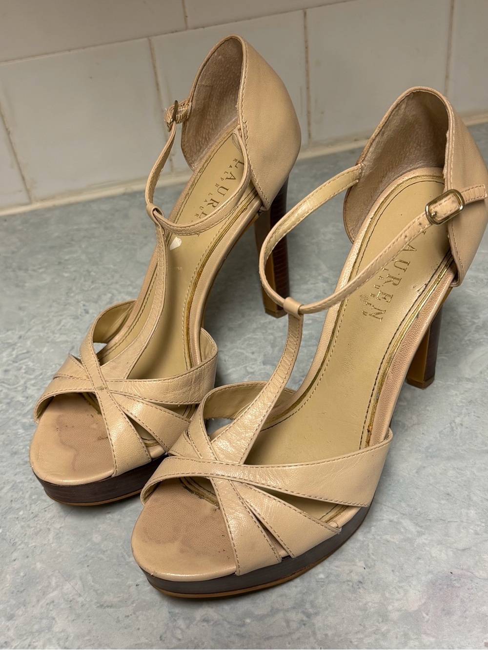 Lauren Ralph  Nude/Cream T-Strap 5” Platform Heels Size 7.5
